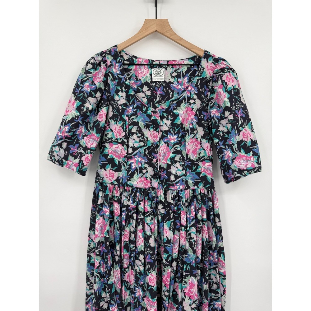 Vintage Laura Ashley Dress Womens 14 Black Pink Floral Cotton Pockets Cottage - Picture 2 of 10